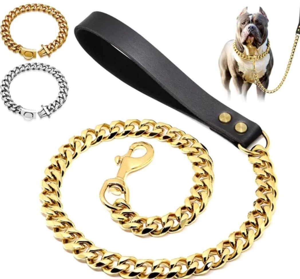 Unleash The Ultimate Style Statement: Luxury Gold Cuban Link Collar and Leash Set for Your Furry BFF"