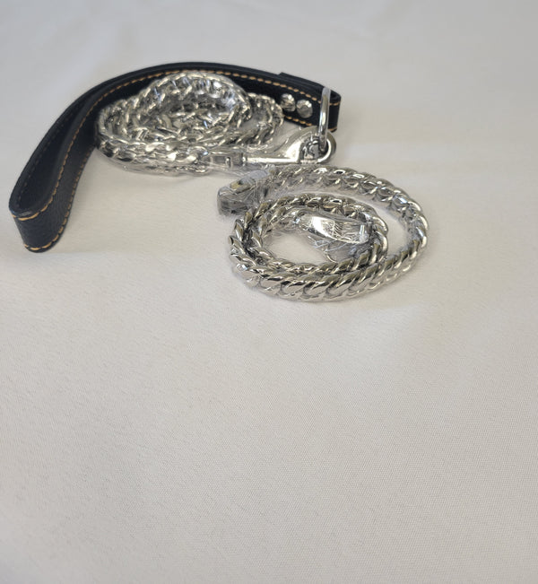 Silver-Cuban Link Collar and Leash Set