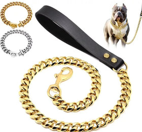 Unleash The Ultimate Style Statement: Luxury Gold Cuban Link Collar and Leash Set for Your Furry BFF