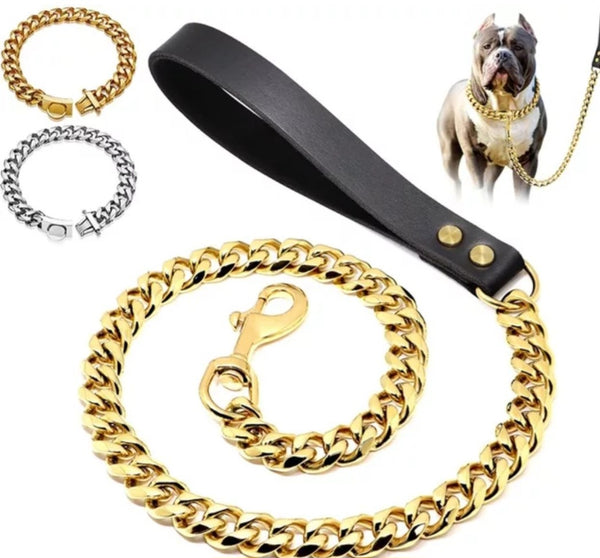 Unleash The Ultimate Style Statement: Luxury Gold Cuban Link Collar and Leash Set for Your Furry BFF